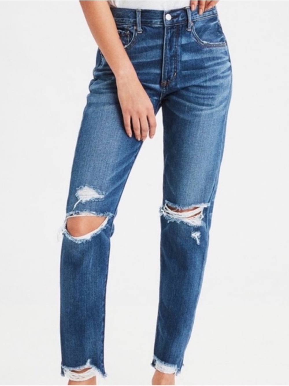 American Eagle Distressed Button Fly High Rise Girlfriend Jeans Size 4 Long